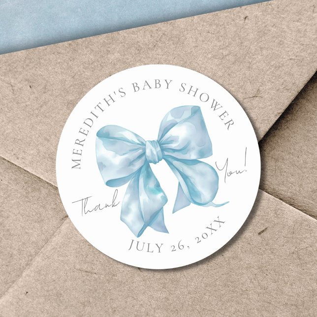 Pegatina Redonda Baby Shower de Blue Bow (Blue Bow Baby Shower Classic Round Sticker)