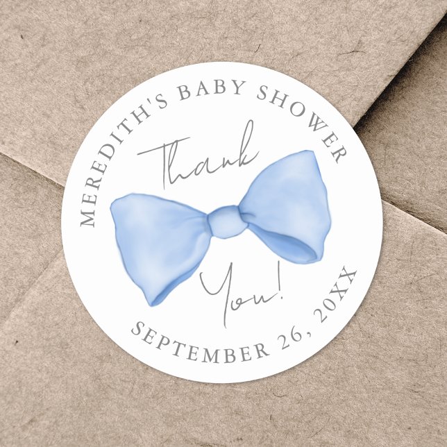 Pegatina Redonda Baby Shower de Blue Bow (Blue Bow Baby Shower Classic Round Sticker )