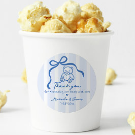 Pegatina Redonda Baby Shower de Blue Hand Drawle Doodle Bow y Teddy