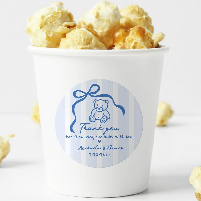 Pegatina Redonda Baby Shower de Blue Hand Drawle Doodle Bow y Teddy (Subido por el creador)