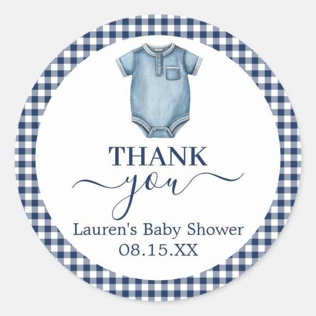 Pegatina redonda Baby Shower de Blue Jeans (Anverso)