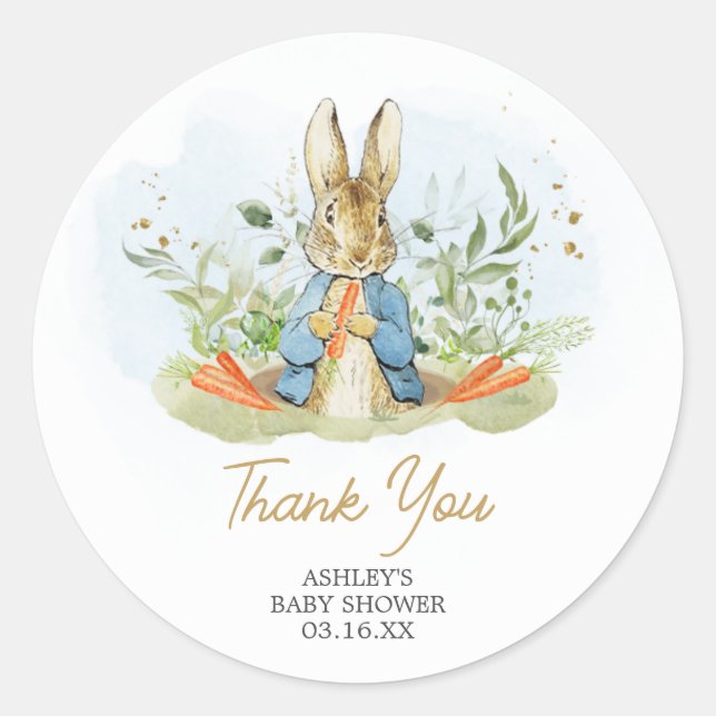 Pegatina Redonda Baby Shower de Blue Peter Rabbit (Anverso)