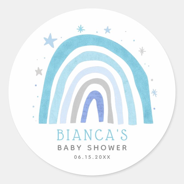 Pegatina Redonda Baby Shower de Blue Rainbow Boho moderno (Anverso)