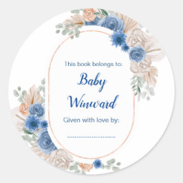 Pegatina Redonda Baby Shower de Boho Blue Pampas