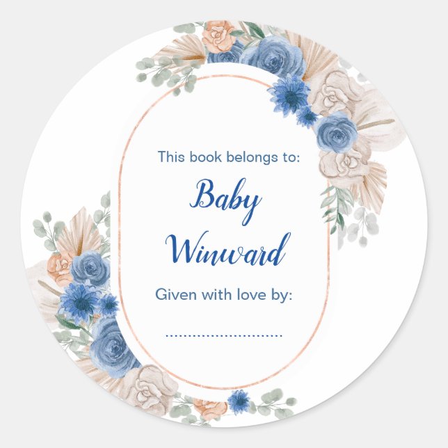 Pegatina Redonda Baby Shower de Boho Blue Pampas (Anverso)