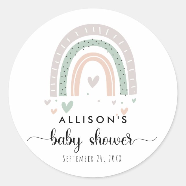 Pegatina Redonda Baby Shower de Boho Rainbow Sage (Anverso)