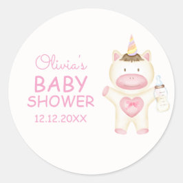 Pegatina Redonda Baby Shower de botellas de unicornio rosado
