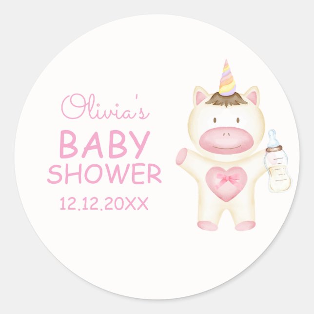 Pegatina Redonda Baby Shower de botellas de unicornio rosado (Anverso)