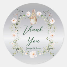Pegatina Redonda Baby Shower de Bunny Bebé Floral Plateado