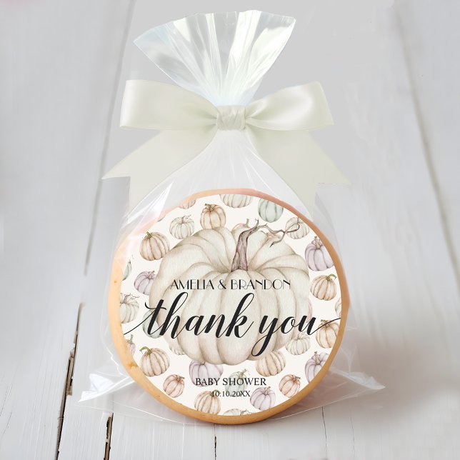 Pegatina Redonda Baby Shower de calabaza blanca Gracias (Thank you white pumpkin baby shower thank you stickers)