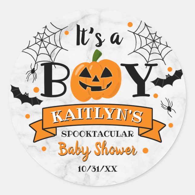 Pegatina Redonda Baby Shower de calabaza de calabaza de Halloween " (Anverso)