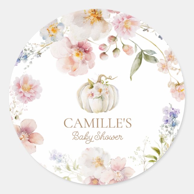 Pegatina Redonda Baby Shower de Calabaza de Otoño (Anverso)