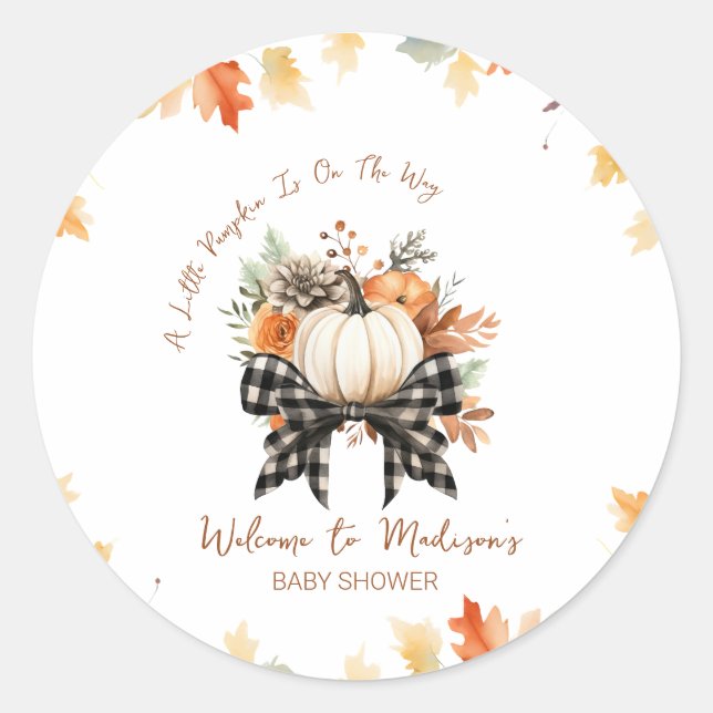 Pegatina Redonda Baby Shower de calabaza floral con cinta de opcion (Anverso)