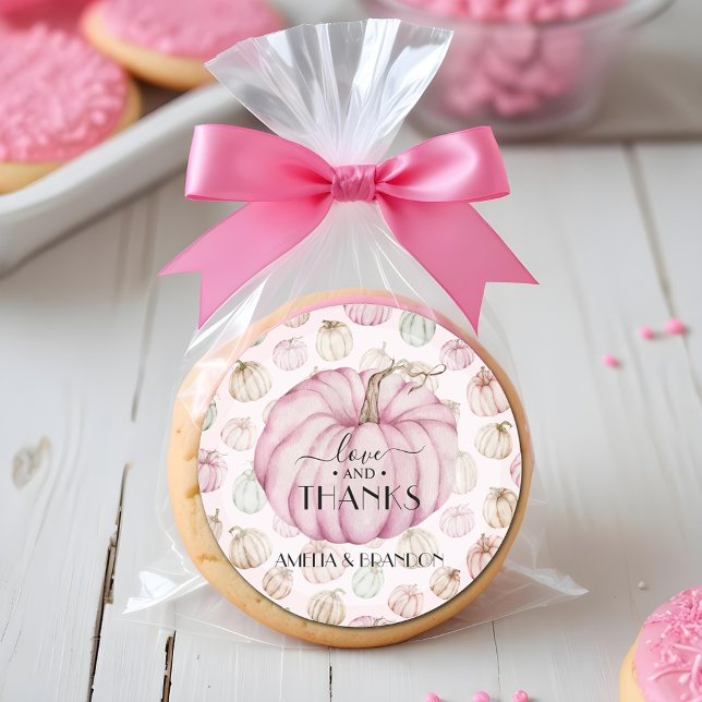 Pegatina Redonda Baby Shower De Calabaza Rosada Gracias (Pink pumpkin baby shower thank you 3 inch round stickers)