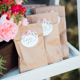 Pegatina Redonda Baby Shower de caligrafía floral elegante de veran