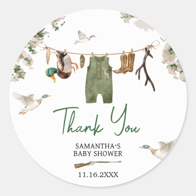 Pegatina Redonda Baby Shower de caza de pato (Anverso)