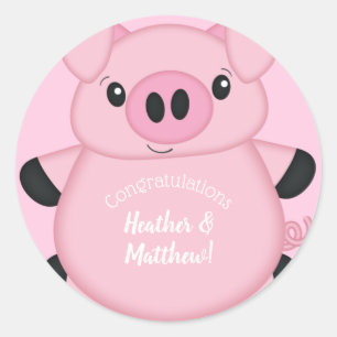 Pegatina Redonda Baby Shower de cerdo rosado