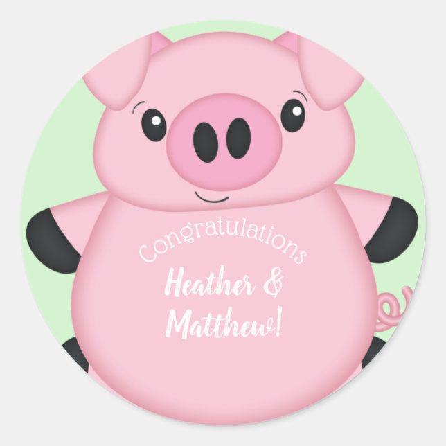 Pegatina Redonda Baby Shower de cerdo verde (Anverso)