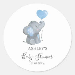 Pegatina Redonda Baby Shower de color azul para elefantes de niño