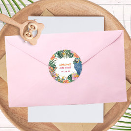 Pegatina Redonda Baby Shower de color de agua de loro botánico