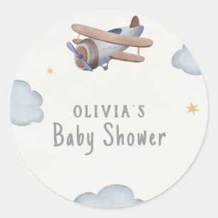 Pegatina Redonda Baby Shower De Color De Agua Gris Y Beige