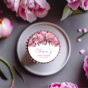 Pegatina Redonda Baby Shower de color de agua rosado para peonies