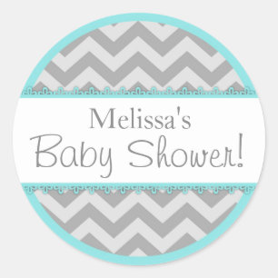 Pegatina Redonda Baby Shower de contraste de Chevron Print y Aqua