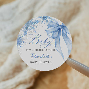 Pegatina Redonda Baby Shower de copas de nieve con soplo azul inver