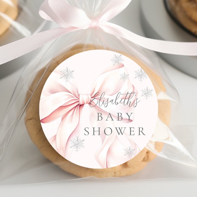 Pegatina Redonda Baby Shower de copos de nieve rosados (Subido por el creador)