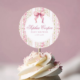 Pegatina Redonda Baby Shower de Coquette Vintage de Bow Rosa