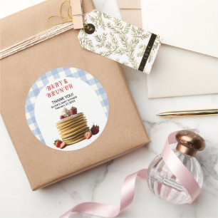 Pegatina Redonda Baby Shower de crepes de fresa azul para bebé y Br