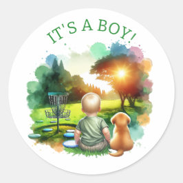 Pegatina Redonda Baby Shower de Cute Disk Golf Boy | It's a Boy!