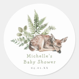 Pegatina Redonda Baby Shower de Deer de Woodland Watercolor