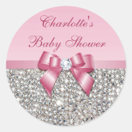 Pegatina Redonda Baby Shower de diamante rosado con secuencia plate