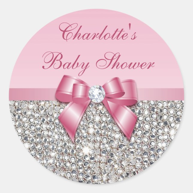 Pegatina Redonda Baby Shower de diamante rosado con secuencia plate (Anverso)