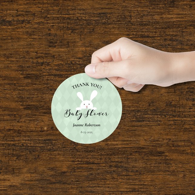 Pegatina Redonda Baby Shower de diamante verde de conejo blanco (Subido por el creador)