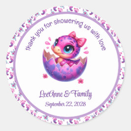 Pegatina Redonda Baby Shower de dinosaurios curados "Hatching Pront