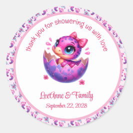 Pegatina Redonda Baby Shower de dinosaurios rosados "Hatchando pron