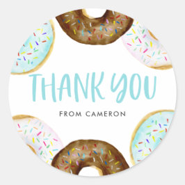 Pegatina Redonda Baby Shower de donuts azules y chocolate gracias