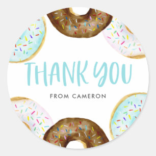 Pegatina Redonda Baby Shower de donuts azules y chocolate gracias