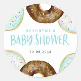 Pegatina Redonda Baby Shower de donuts azules y de chocolate