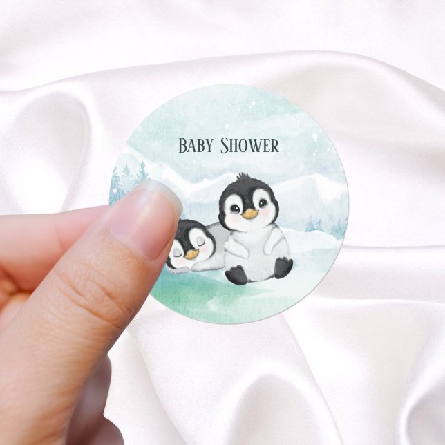 Pegatina Redonda Baby Shower de dos pingüinos encantadores (Subido por el creador)