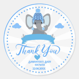 Pegatina Redonda Baby Shower de elefante azul ruso personalizado