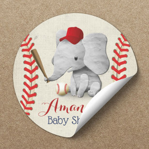 Pegatina Redonda Baby Shower de elefante cuto de béisbol