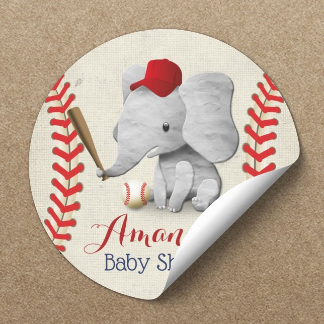 Pegatina Redonda Baby Shower de elefante cuto de béisbol (Subido por el creador)