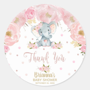 Pegatina Redonda Baby Shower de Elefante Floral Rosa