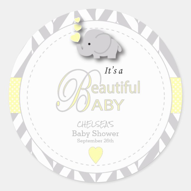 Pegatina Redonda Baby Shower de elefante gris blanco amarillo (Anverso)