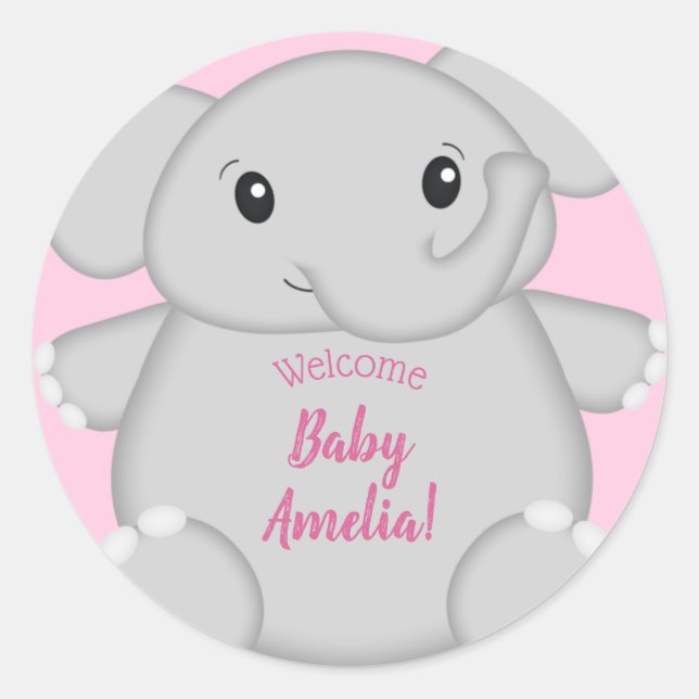 Pegatina Redonda Baby Shower de Elefante Rosa (Anverso)