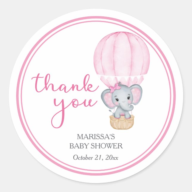 Pegatina Redonda Baby Shower de Elefante Rosa (Anverso)