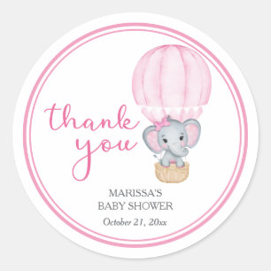 Pegatina Redonda Baby Shower de Elefante Rosa